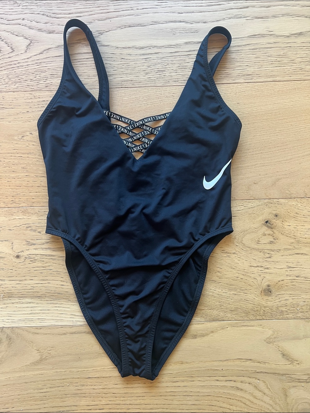 Nike Black One-Piece Swimsuit with White Swoosh and Branded Strappy